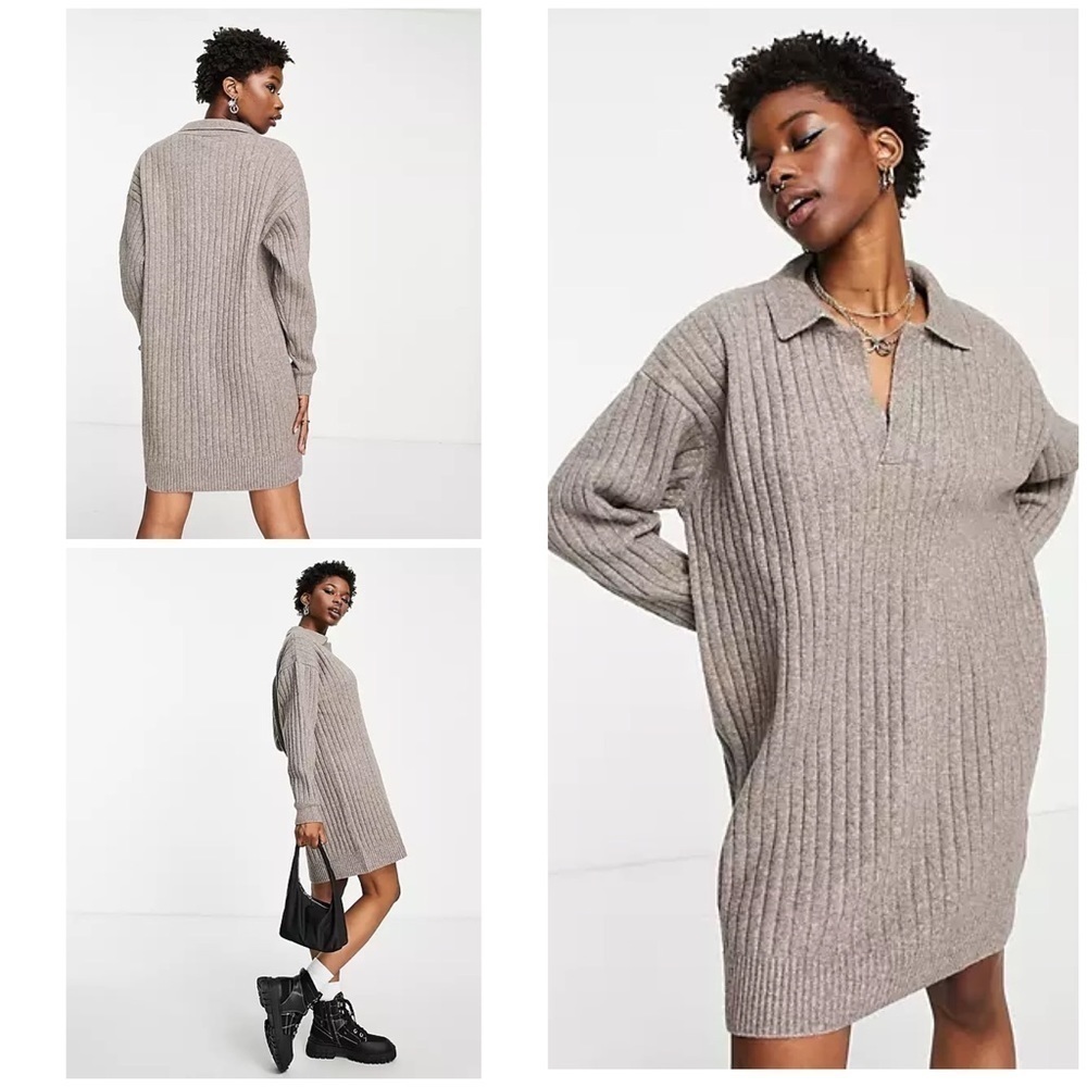 EUC  ASOS Weekday Husky Polyamide Knit Brown Melange Collar Mini Sweater Dress S